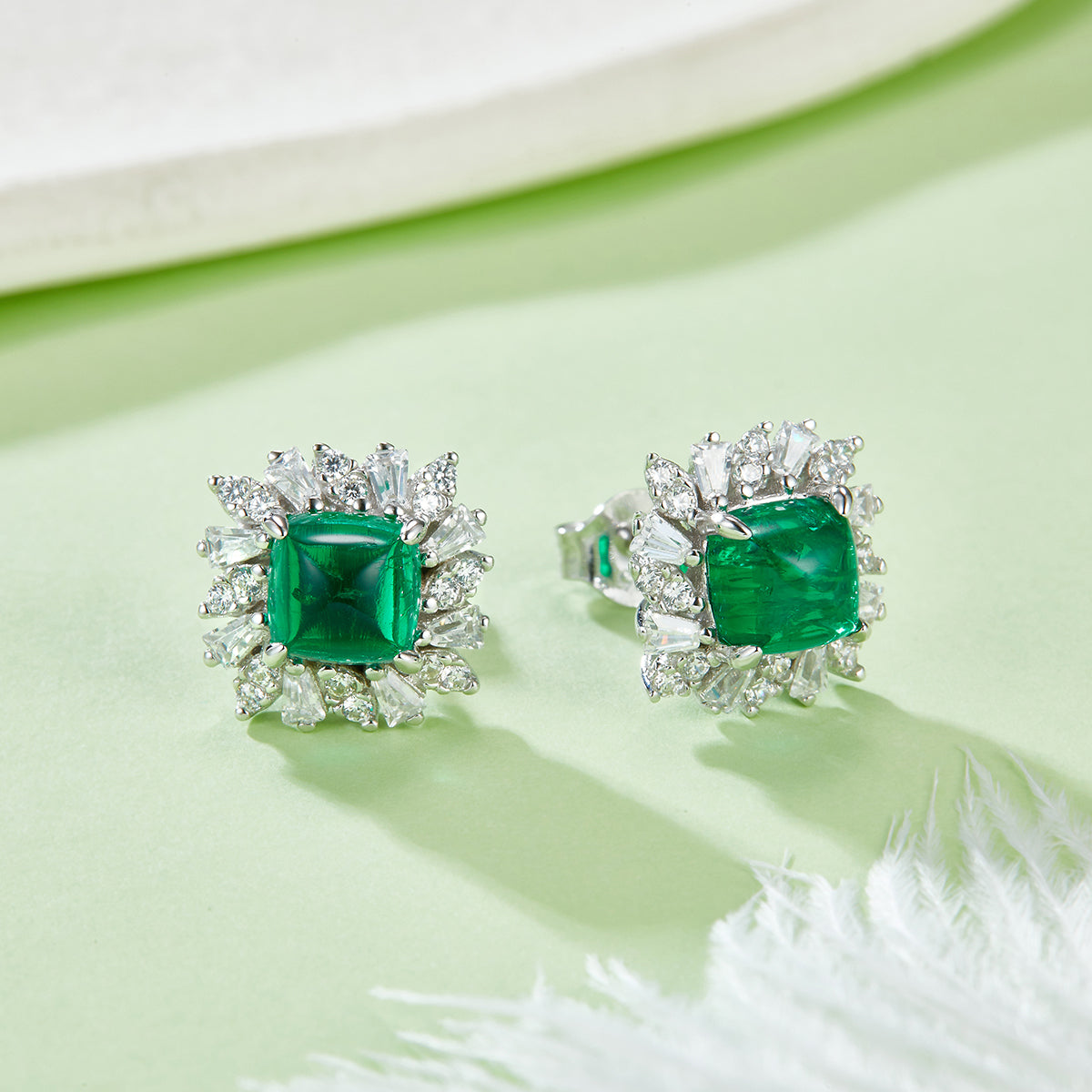 Square Lab Created Emerald Stud Earrings with Petal Halo in S925 Silver Plated Platinum - 3.2 Carat