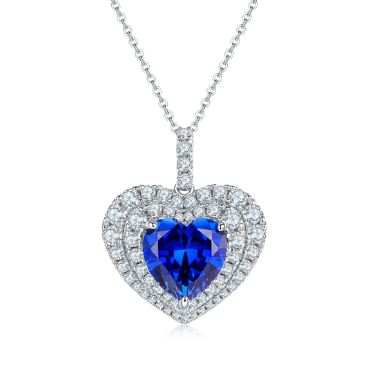 4.5 Carat Heart-Shaped Lab-Created Gemstone Double Halo Necklace in S925 Silver with Platinum Finish