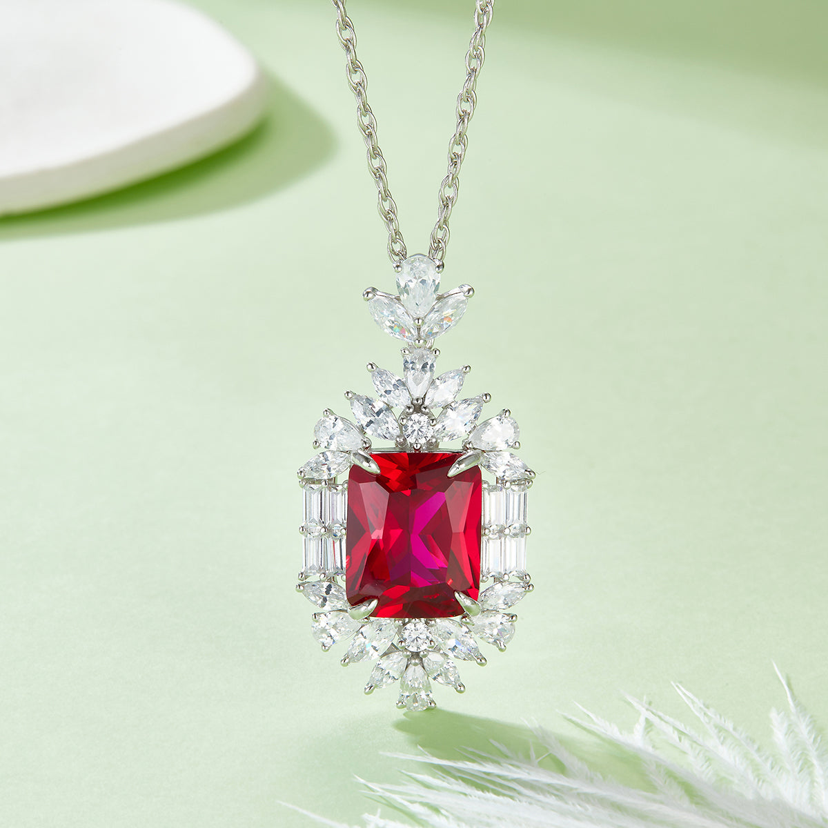 12.86 Carat Rectangular Lab Created Ruby Necklace with Exquisite Marquise Halo in Platinum-Plated S925 Silver