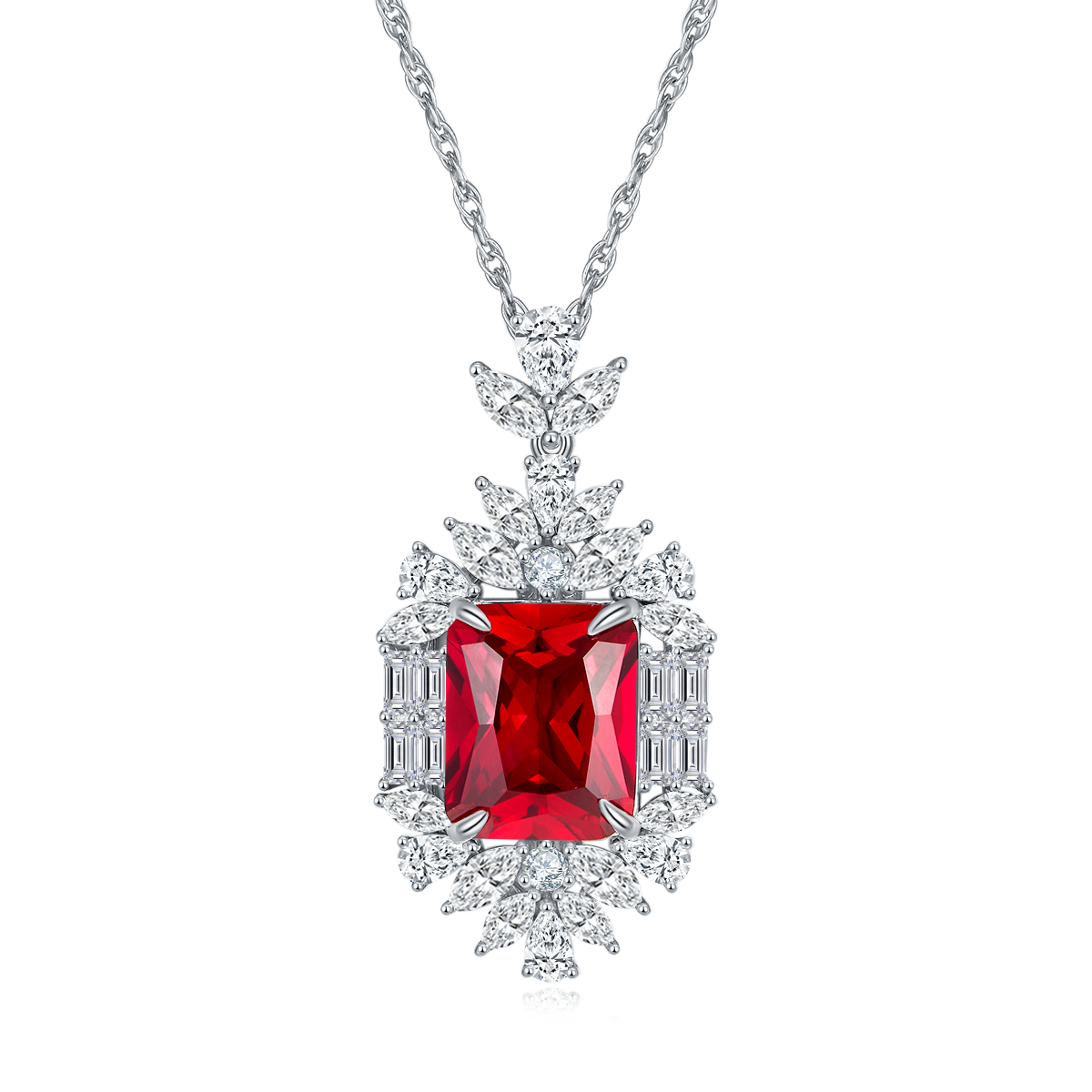 12.86 Carat Rectangular Lab Created Ruby Necklace with Exquisite Marquise Halo in Platinum-Plated S925 Silver