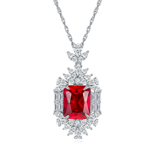 12.86 Carat Rectangular Lab Created Ruby Necklace with Exquisite Marquise Halo in Platinum-Plated S925 Silver