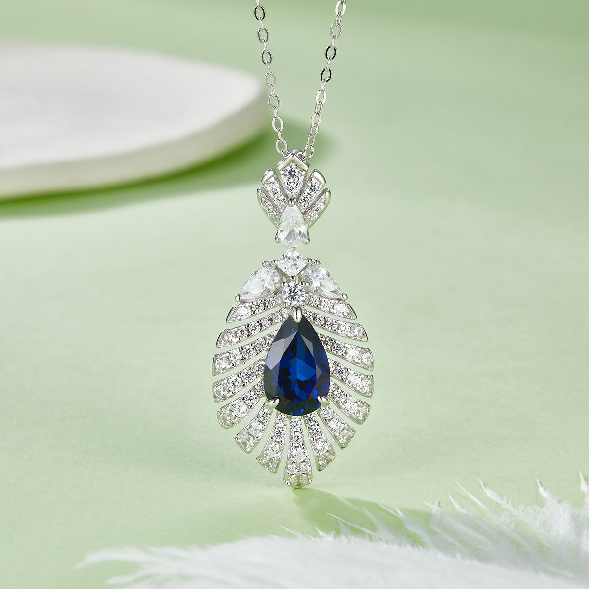 2.75 Carat Pear-Shaped Lab-Created Gemstone Pendant Necklace in S925 Silver with Platinum Leaf Design