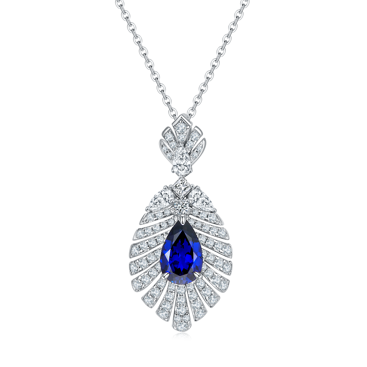 2.75 Carat Pear-Shaped Lab-Created Gemstone Pendant Necklace in S925 Silver with Platinum Leaf Design