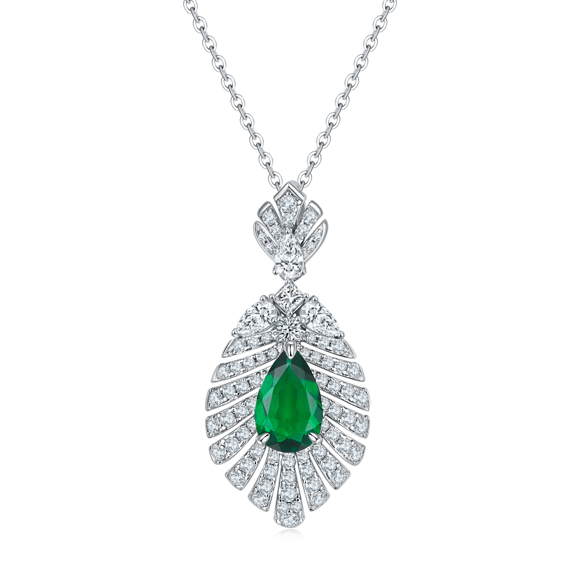 2.75 Carat Pear-Shaped Lab-Created Gemstone Pendant Necklace in S925 Silver with Platinum Leaf Design