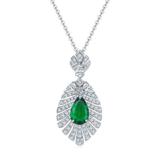 2.75 Carat Pear-Shaped Lab-Created Gemstone Pendant Necklace in S925 Silver with Platinum Leaf Design