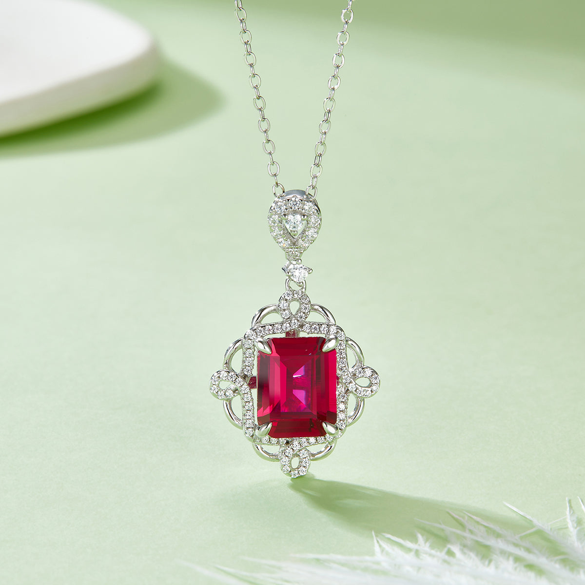 4.23 Carat Rectangular Lab Created Ruby with Elegant Rhombus Lace S925 Silver Plated Platinum Necklace