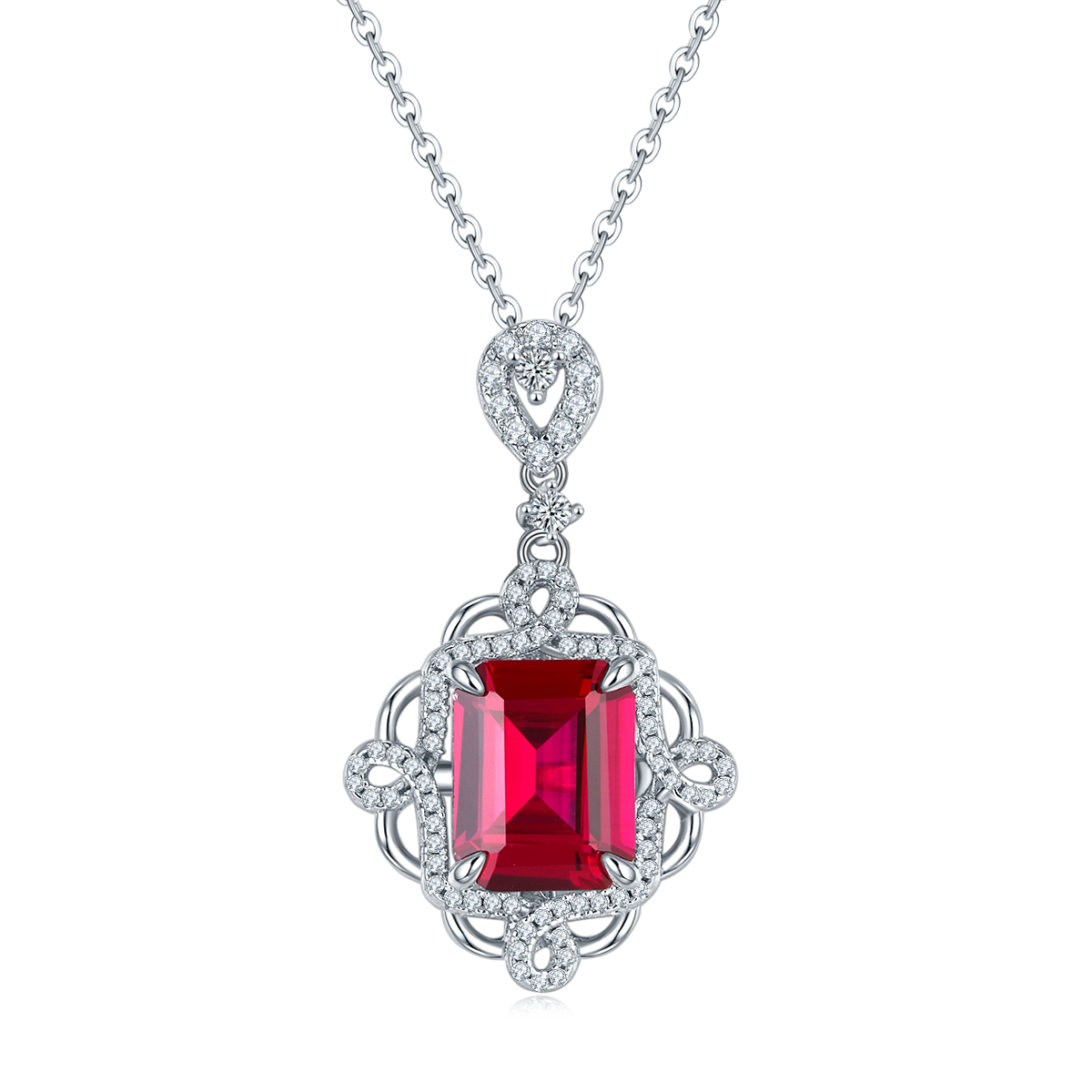 4.23 Carat Rectangular Lab Created Ruby with Elegant Rhombus Lace S925 Silver Plated Platinum Necklace