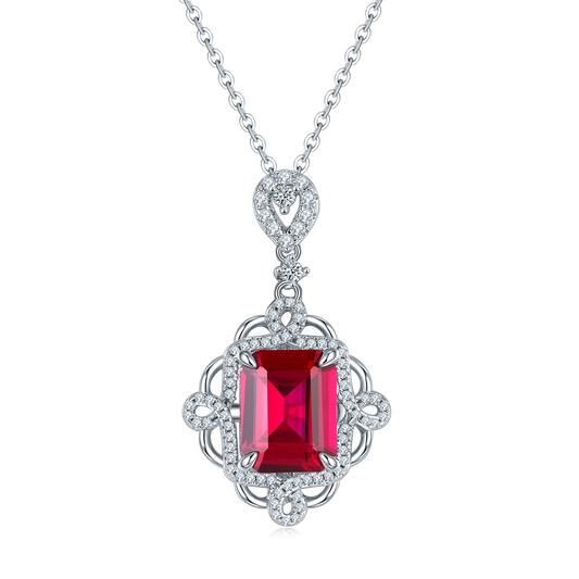 4.23 Carat Rectangular Lab Created Ruby with Elegant Rhombus Lace S925 Silver Plated Platinum Necklace