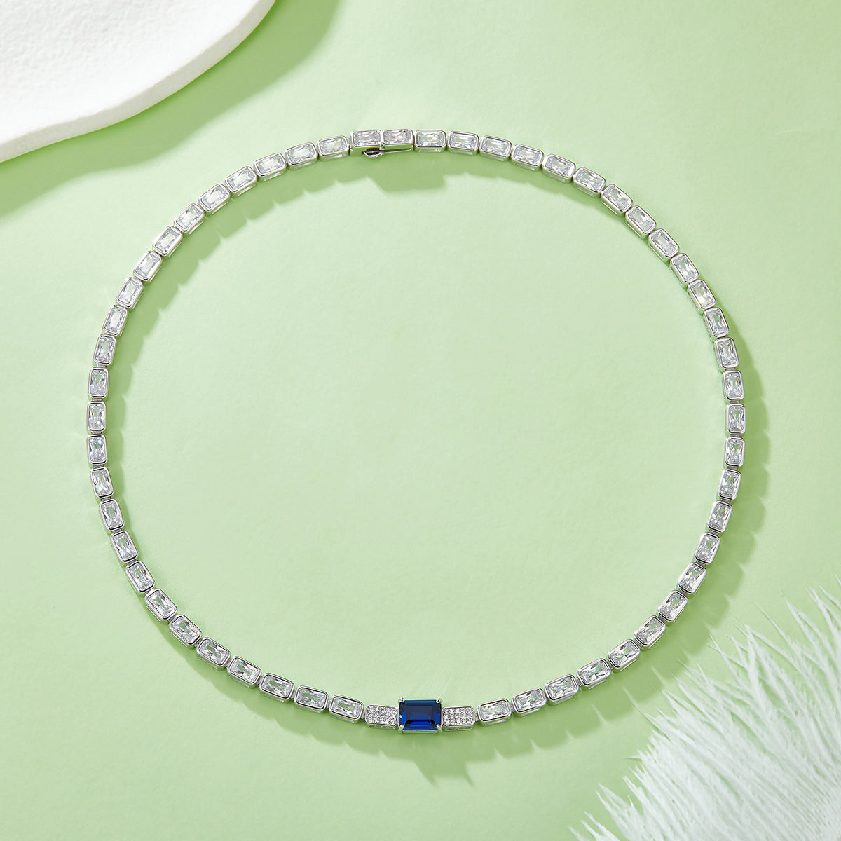 2.0 Carat Rectangular Lab-Cultivated Sapphire Tennis Necklace in S925 Silver-Plated Platinum