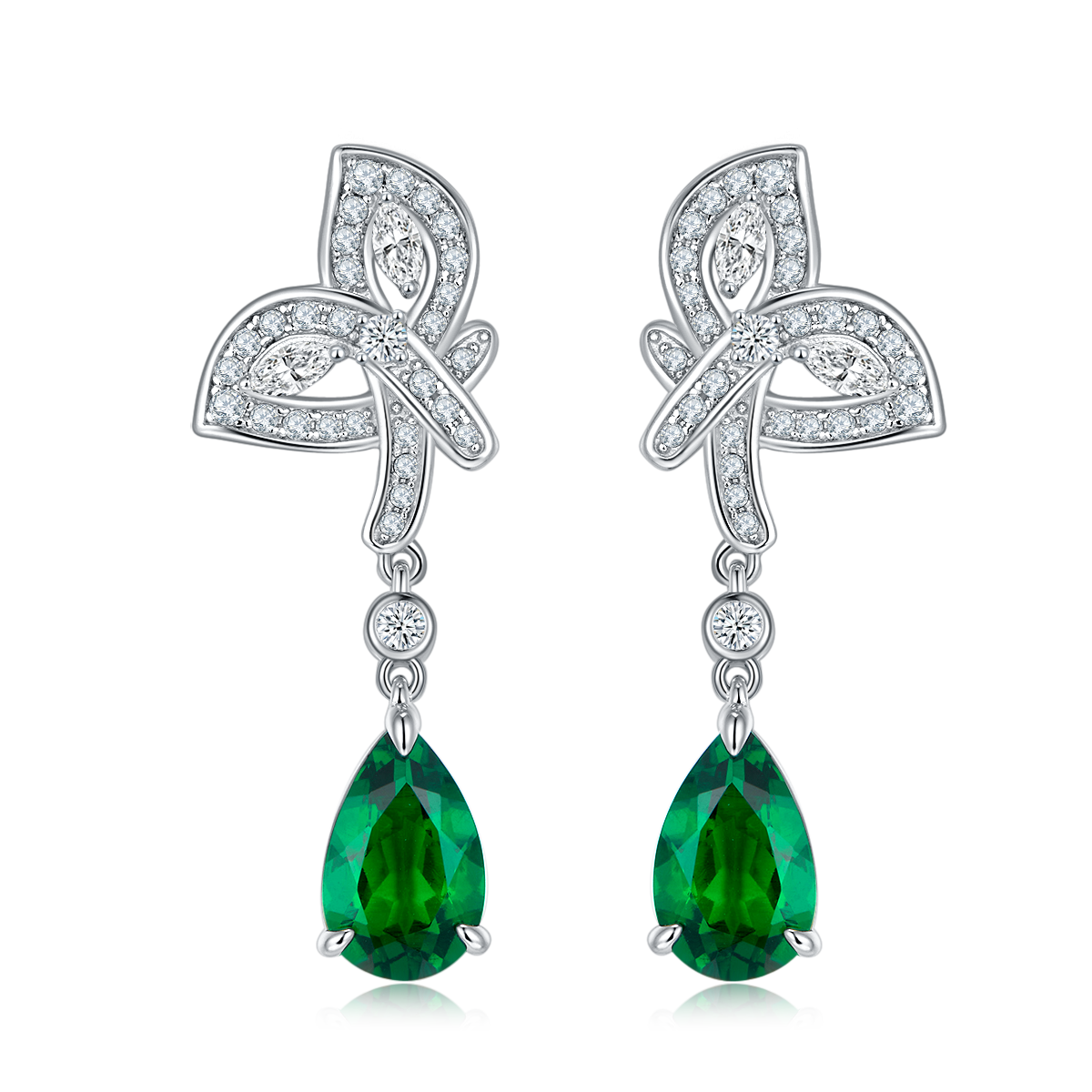 Elegant Lab Created Emerald Butterfly Drop Earrings in S925 Silver