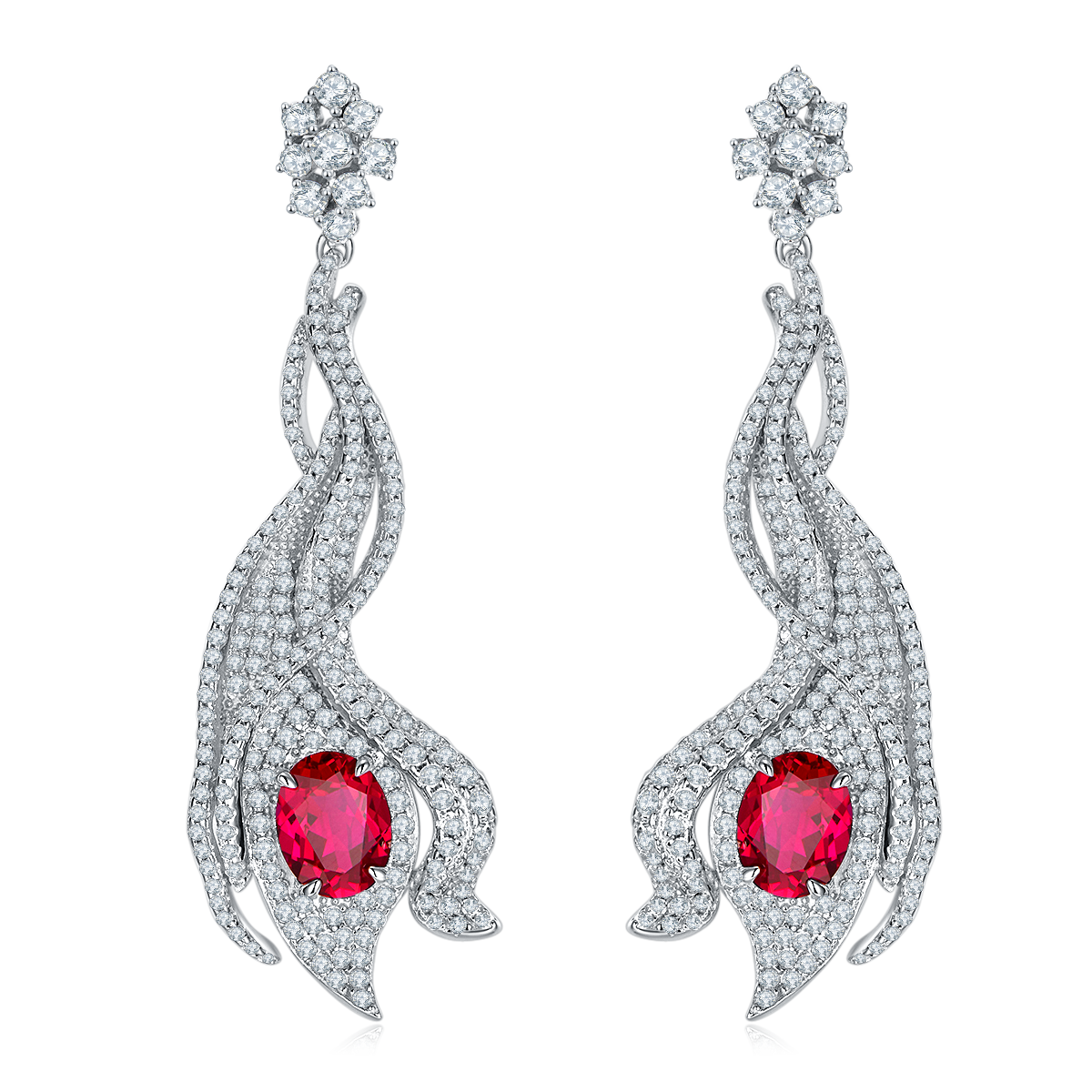 5.0 Carat Oval Lab-Created Gemstone S925 Silver Plated Platinum Phoenix Tail Drop Earrings