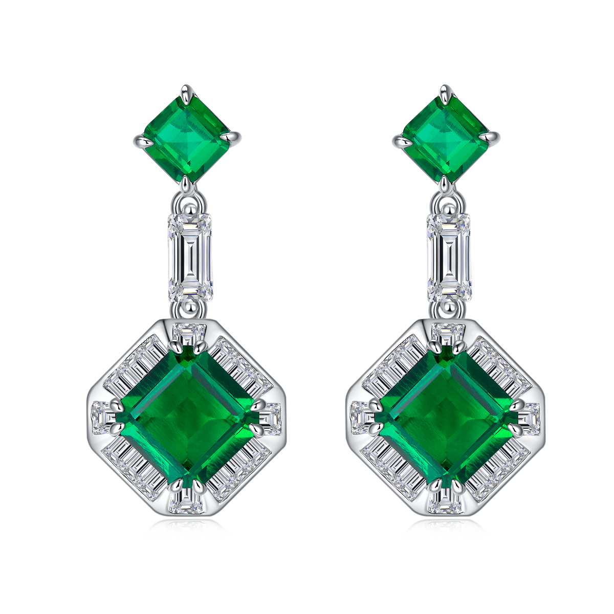 5.13 Carat Lab Created Emerald Asscher Cut Halo Earrings in Sterling Silver