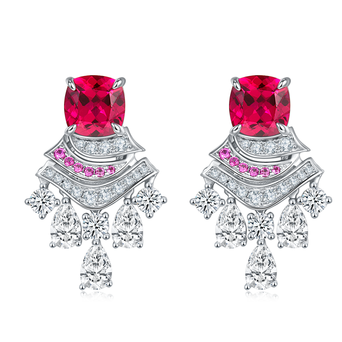 5.95 Carat Cushion Cut Lab Created Colored Gemstone S925 Sterling Silver Platinum Skirt Drop Earrings