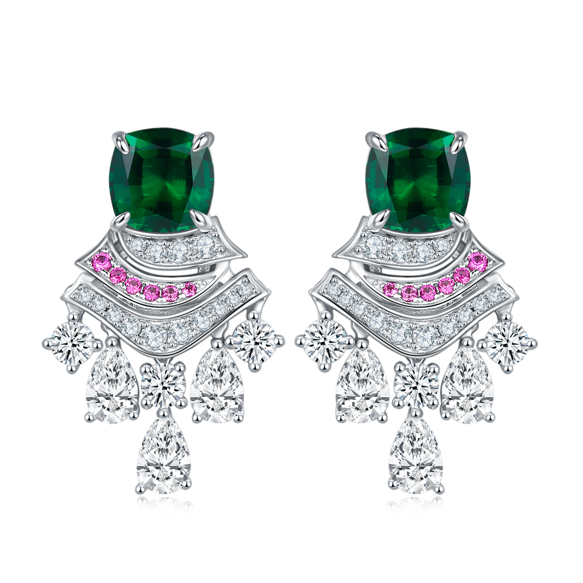 5.95 Carat Cushion Cut Lab Created Colored Gemstone S925 Sterling Silver Platinum Skirt Drop Earrings