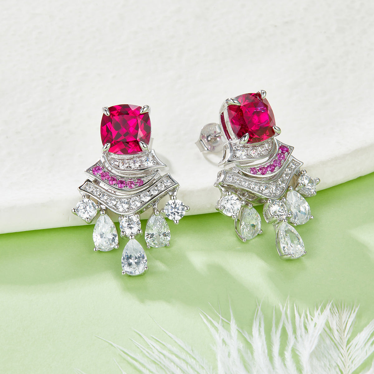 5.95 Carat Cushion Cut Lab Created Colored Gemstone S925 Sterling Silver Platinum Skirt Drop Earrings