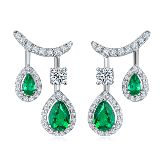 1.53 Carat Double Pear-Shaped Lab-Created Emerald Sterling Silver Drop Earrings with Soleste Halo