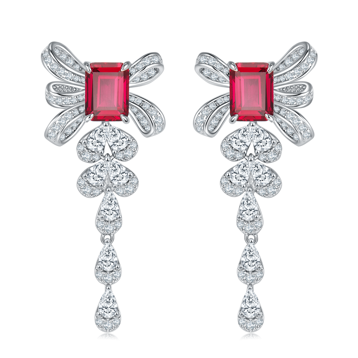 Elegant 4.0 Carat Rectangular Lab-Grown Gemstone Silver-Plated Platinum Bow Earrings