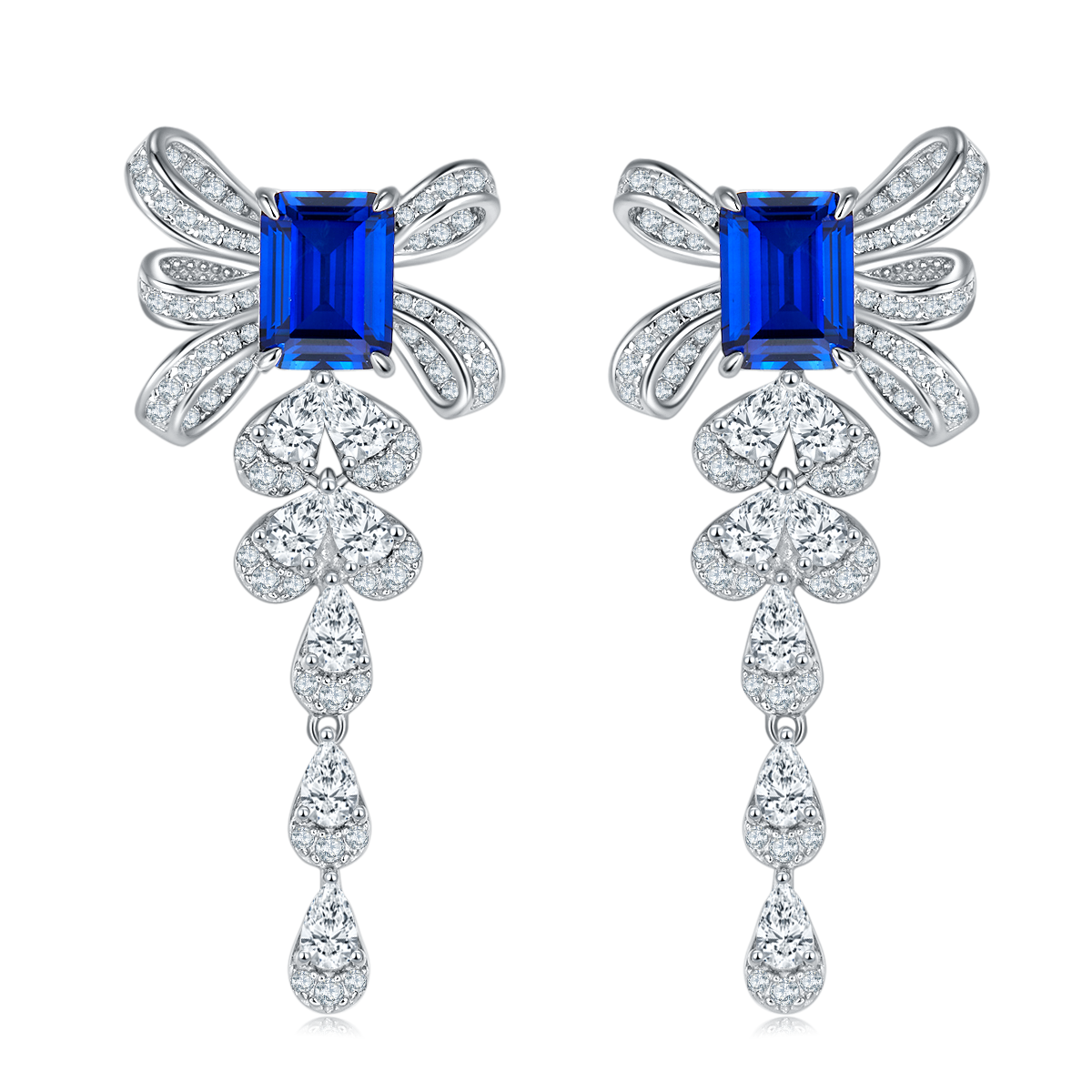 Elegant 4.0 Carat Rectangular Lab-Grown Gemstone Silver-Plated Platinum Bow Earrings