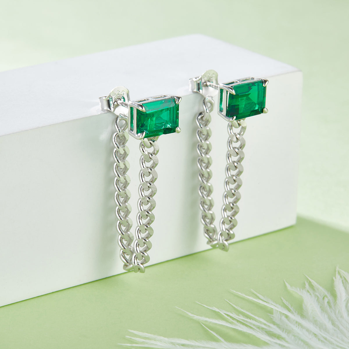 Elegant 4.0 Carat Rectangular Lab-Created Gemstone Earrings with S925 Silver-Plated Platinum Chain