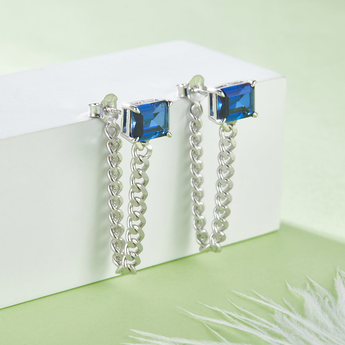 Elegant 4.0 Carat Rectangular Lab-Created Gemstone Earrings with S925 Silver-Plated Platinum Chain