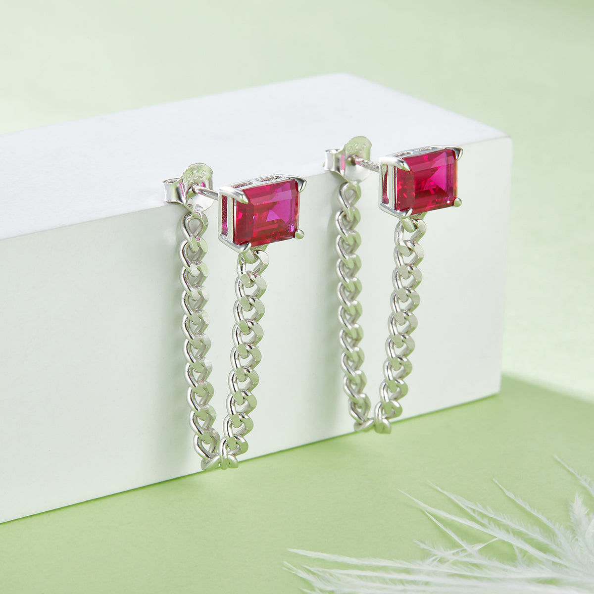 Elegant 4.0 Carat Rectangular Lab-Created Gemstone Earrings with S925 Silver-Plated Platinum Chain