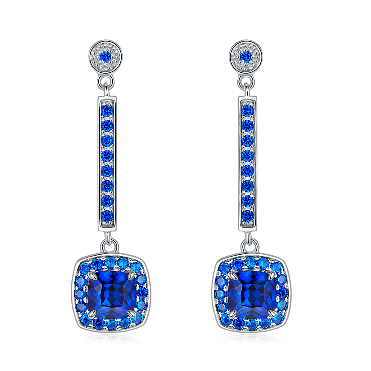 Cushion Cut 2.0 Carat Lab Created Sapphire Long Drop Earrings in S925 Silver Plated Platinum