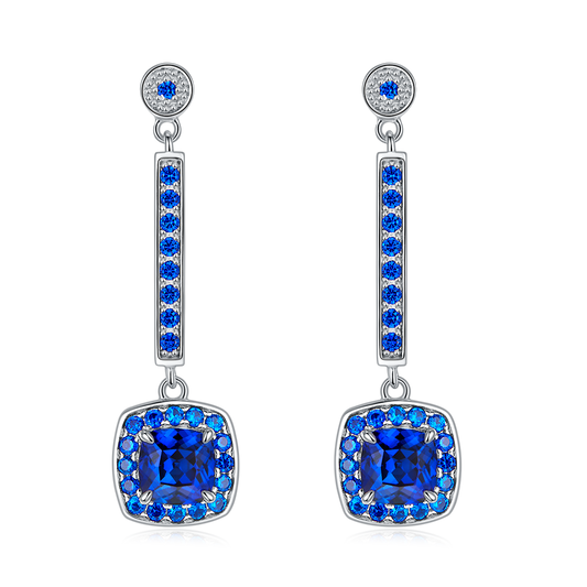 Cushion Cut 2.0 Carat Lab Created Sapphire Long Drop Earrings in S925 Silver Plated Platinum