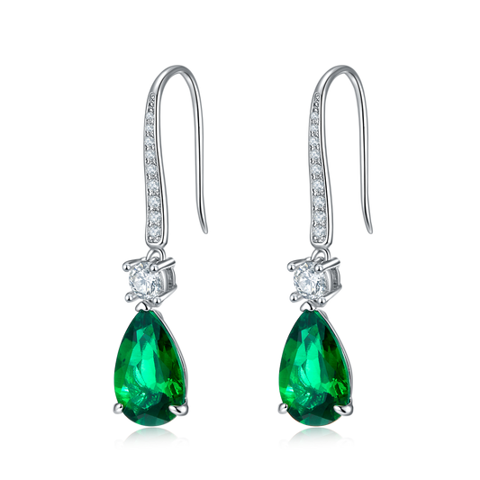 6.0 Carat Pear Shaped Lab Created Emerald Pendant in S925 Silver Plated Platinum Hook Earrings