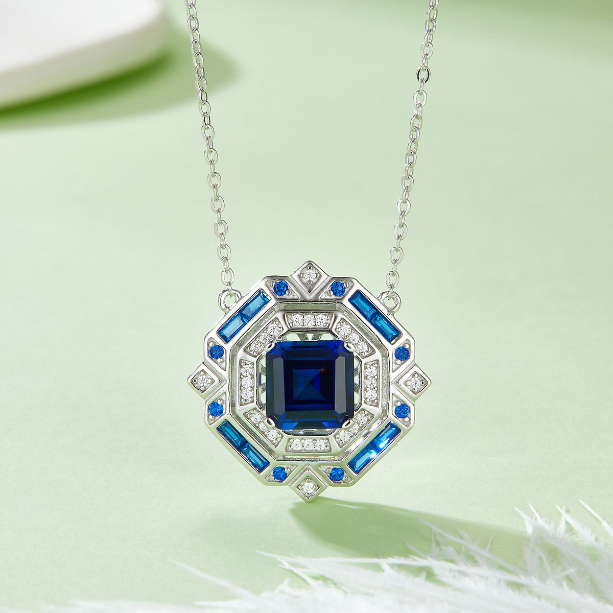 3.18 Carat Princess Cut Lab Created Sapphire Octagonal Pendant Necklace in S925 Silver with Platinum Plating