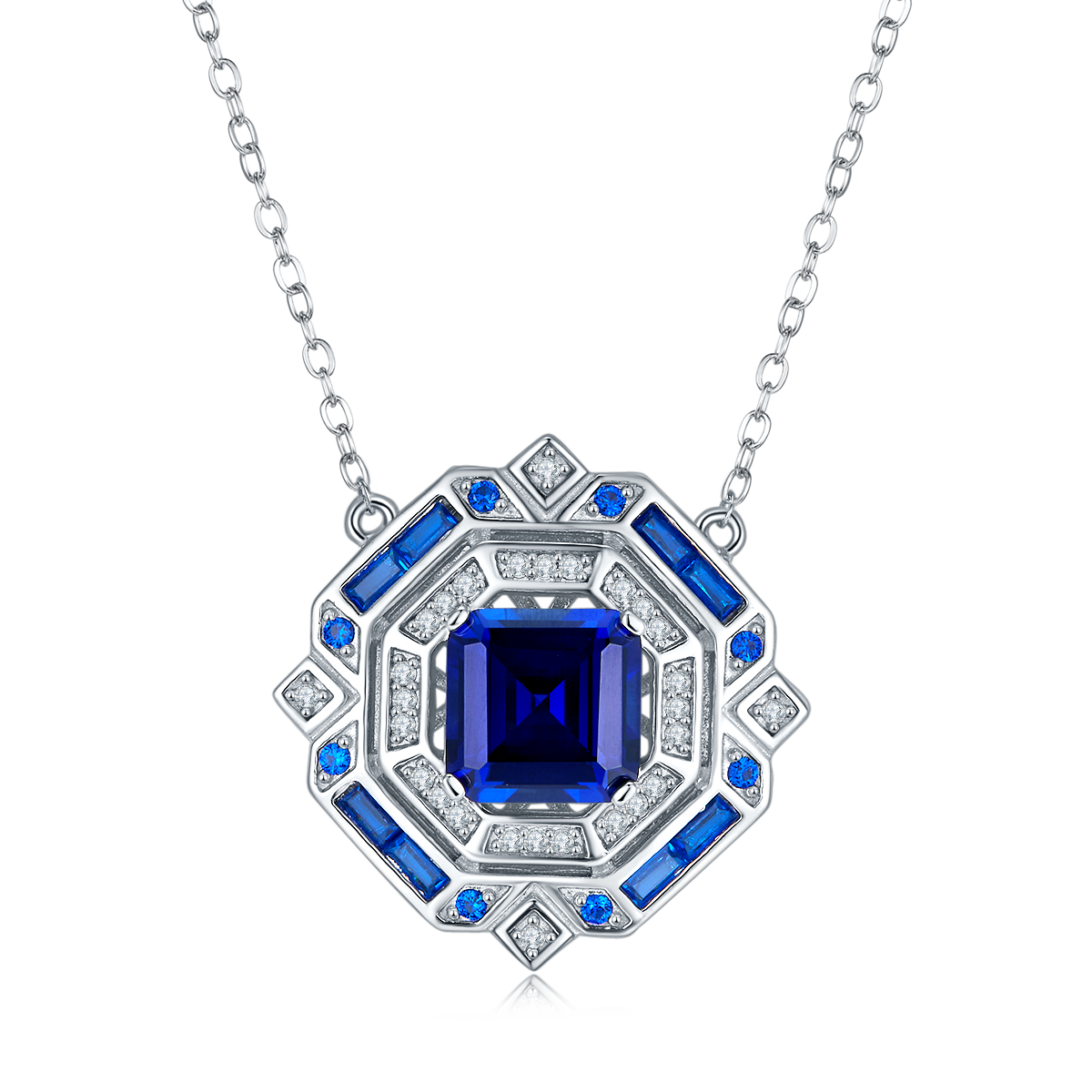 3.18 Carat Princess Cut Lab Created Sapphire Octagonal Pendant Necklace in S925 Silver with Platinum Plating