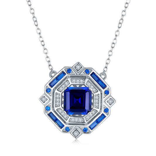 3.18 Carat Princess Cut Lab Created Sapphire Octagonal Pendant Necklace in S925 Silver with Platinum Plating