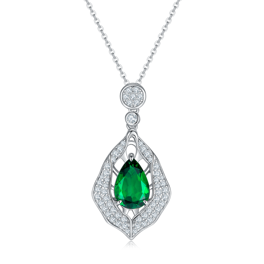 4.0 Carat Pear-Shaped Lab-Created Emerald Pendant Necklace in S925 Silver Plated White Gold