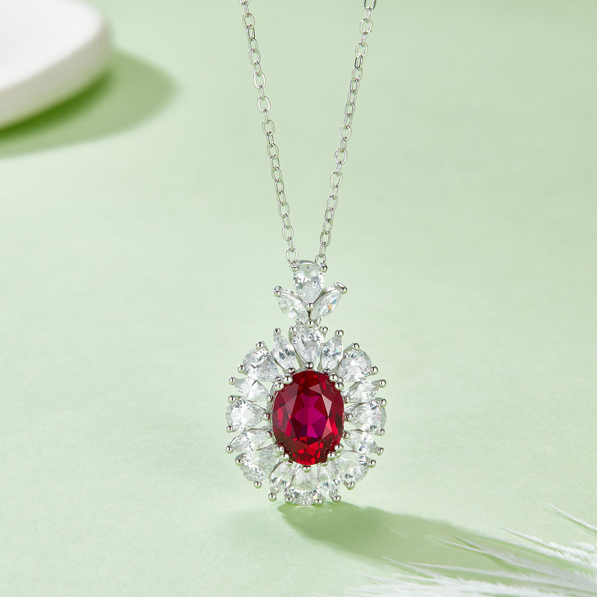 Gala Fireworks 2.0 Carat Oval Lab Created Ruby Pendant Necklace with Sterling Silver Halo