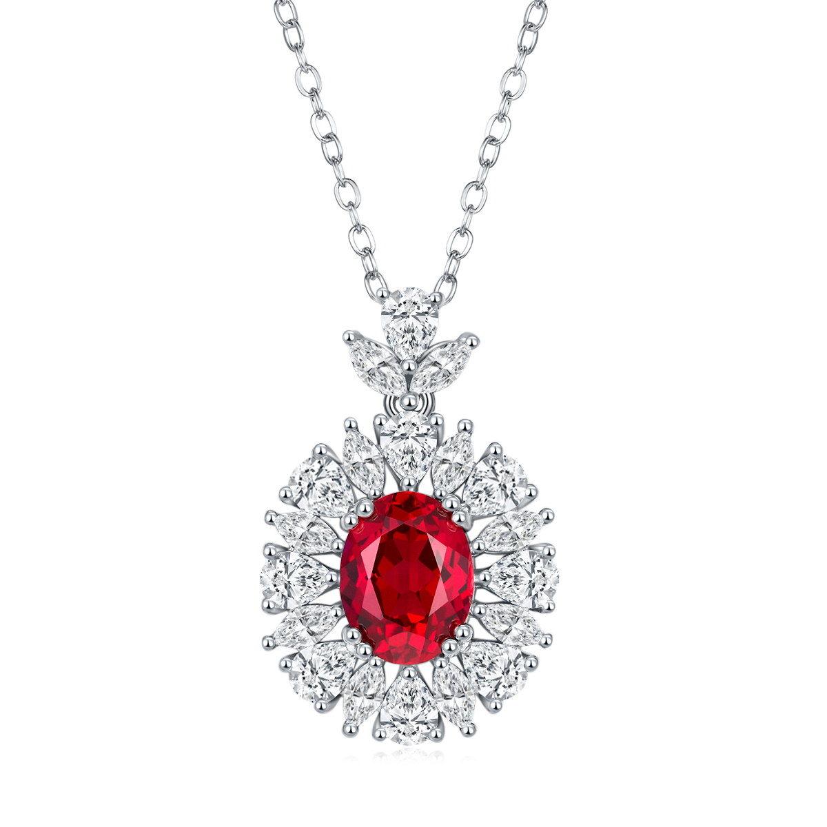 Gala Fireworks 2.0 Carat Oval Lab Created Ruby Pendant Necklace with Sterling Silver Halo