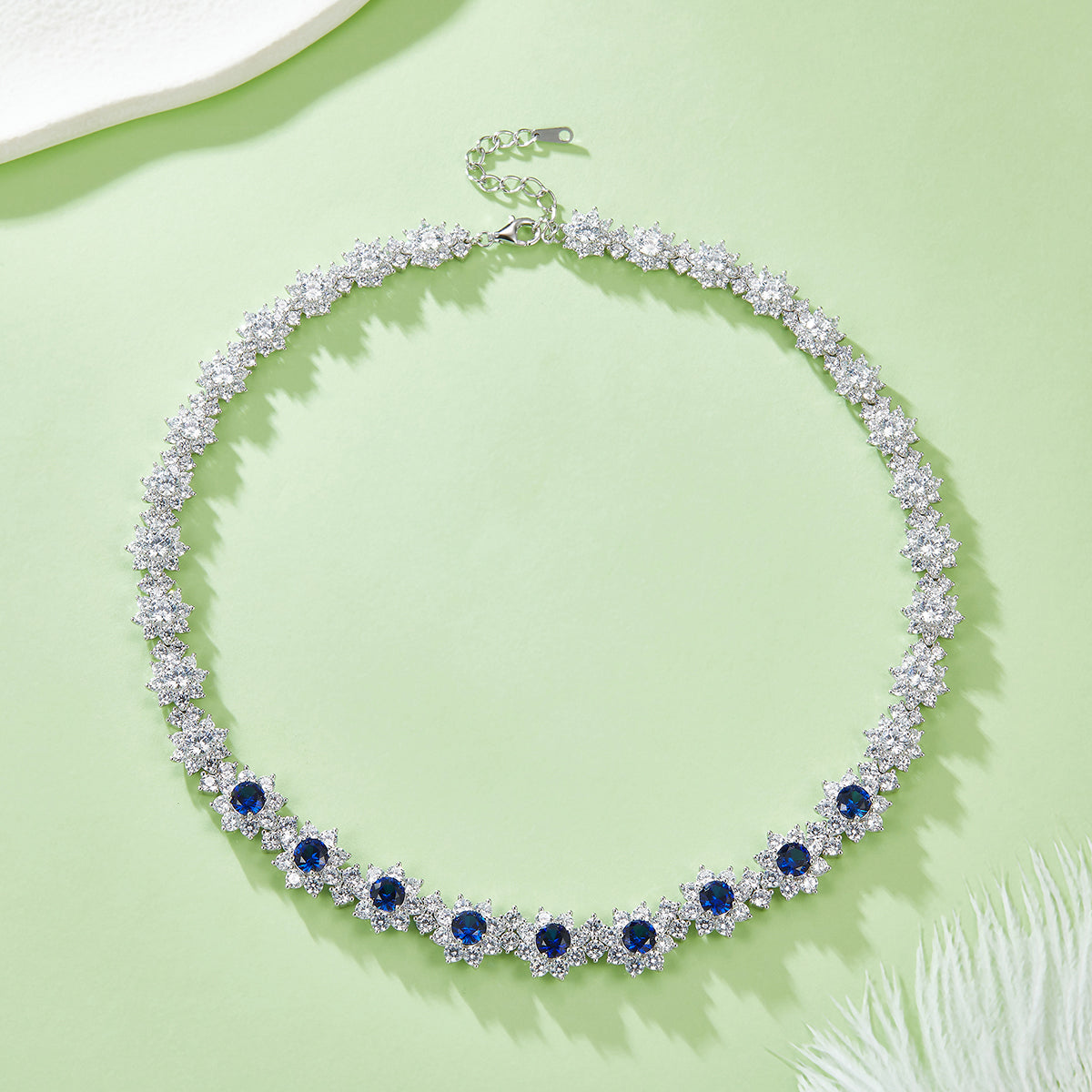 12.96 Carat Round Lab-Created Sapphire and Sterling Silver Beaded Floral Necklace