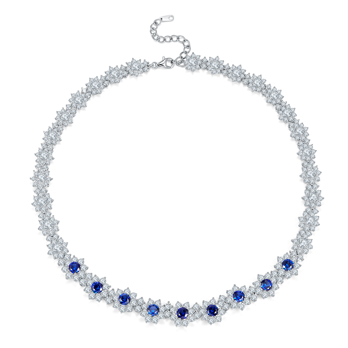 12.96 Carat Round Lab-Created Sapphire and Sterling Silver Beaded Floral Necklace