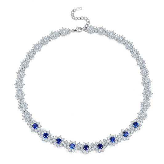 12.96 Carat Round Lab-Created Sapphire and Sterling Silver Beaded Floral Necklace