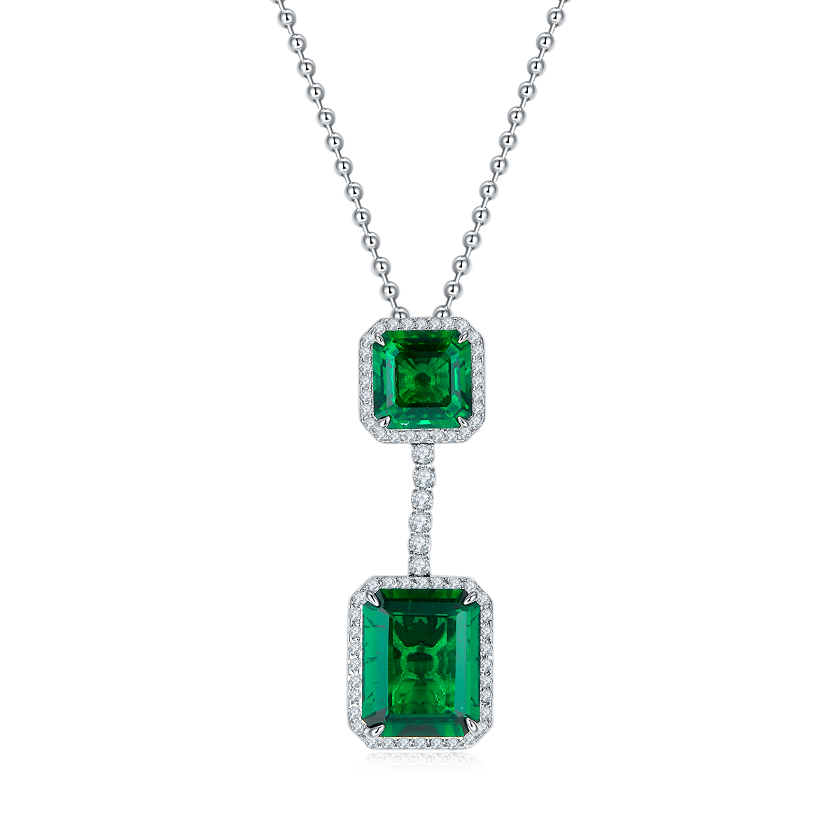 12.7 Carat Double Rectangular Lab-Created Emerald Halo Necklace in S925 Silver with Platinum Plating