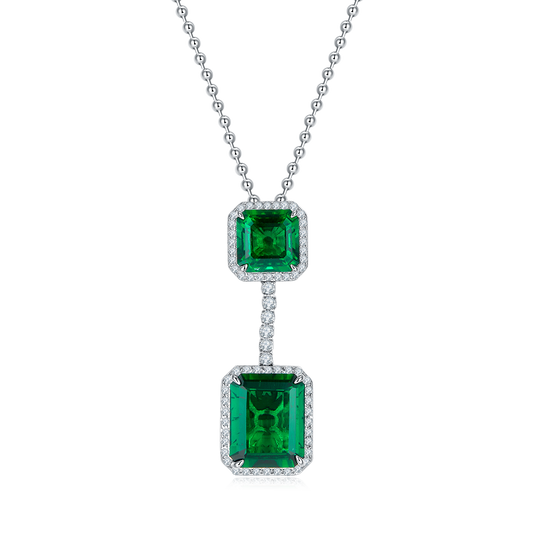 12.7 Carat Double Rectangular Lab-Created Emerald Halo Necklace in S925 Silver with Platinum Plating