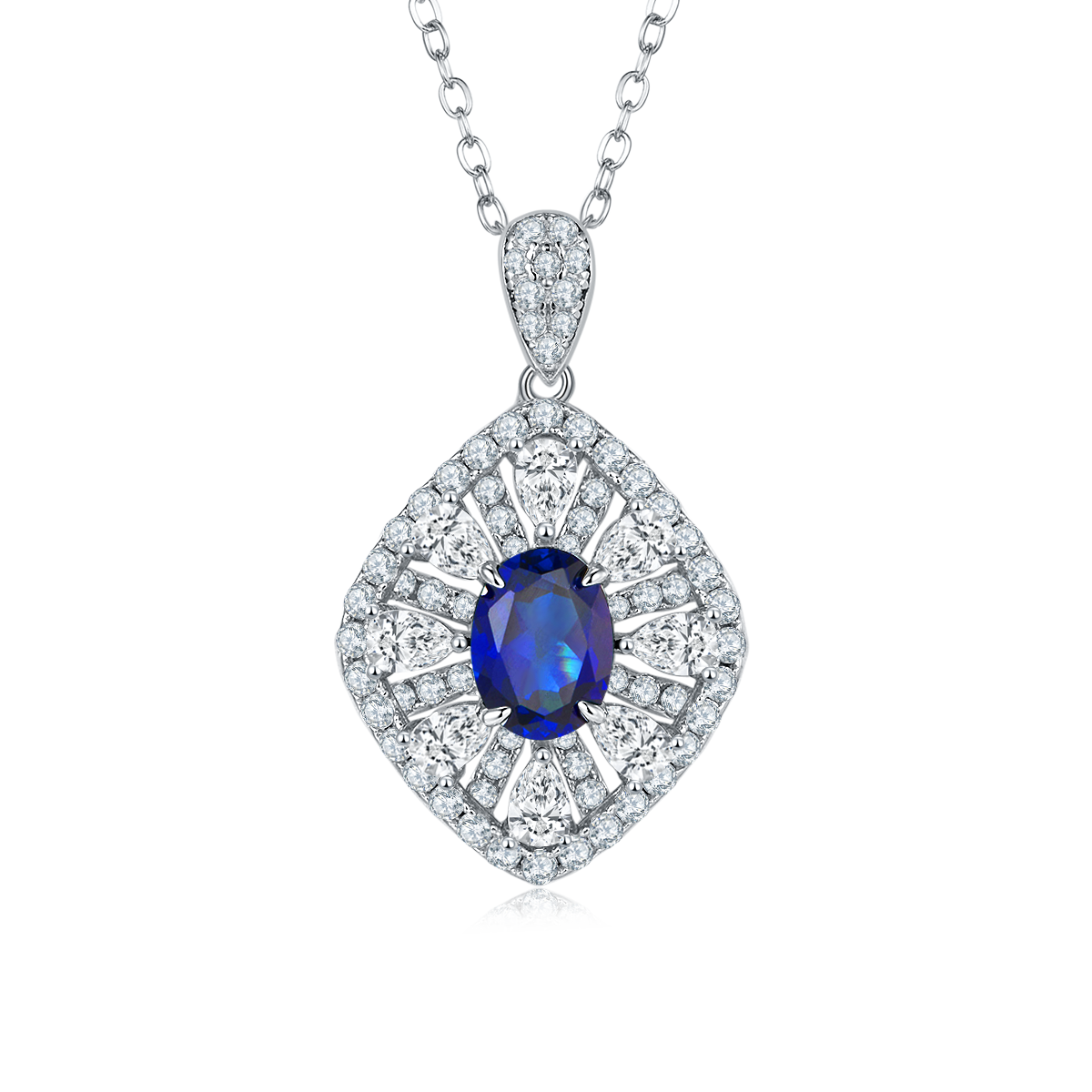 1.5 Carat Oval Lab Created Sapphire/Emerald Halo Necklace in S925 Silver Plated Platinum