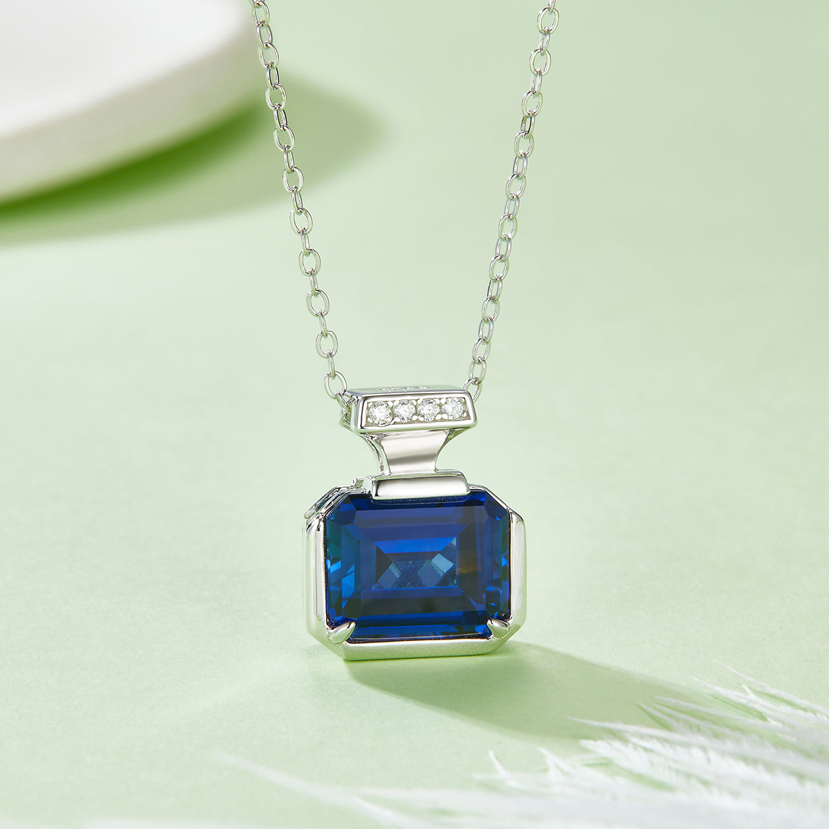 4.0 Carat Rectangular Lab-Created Sapphire Pendant Necklace with S925 Silver-Plated Platinum Finish