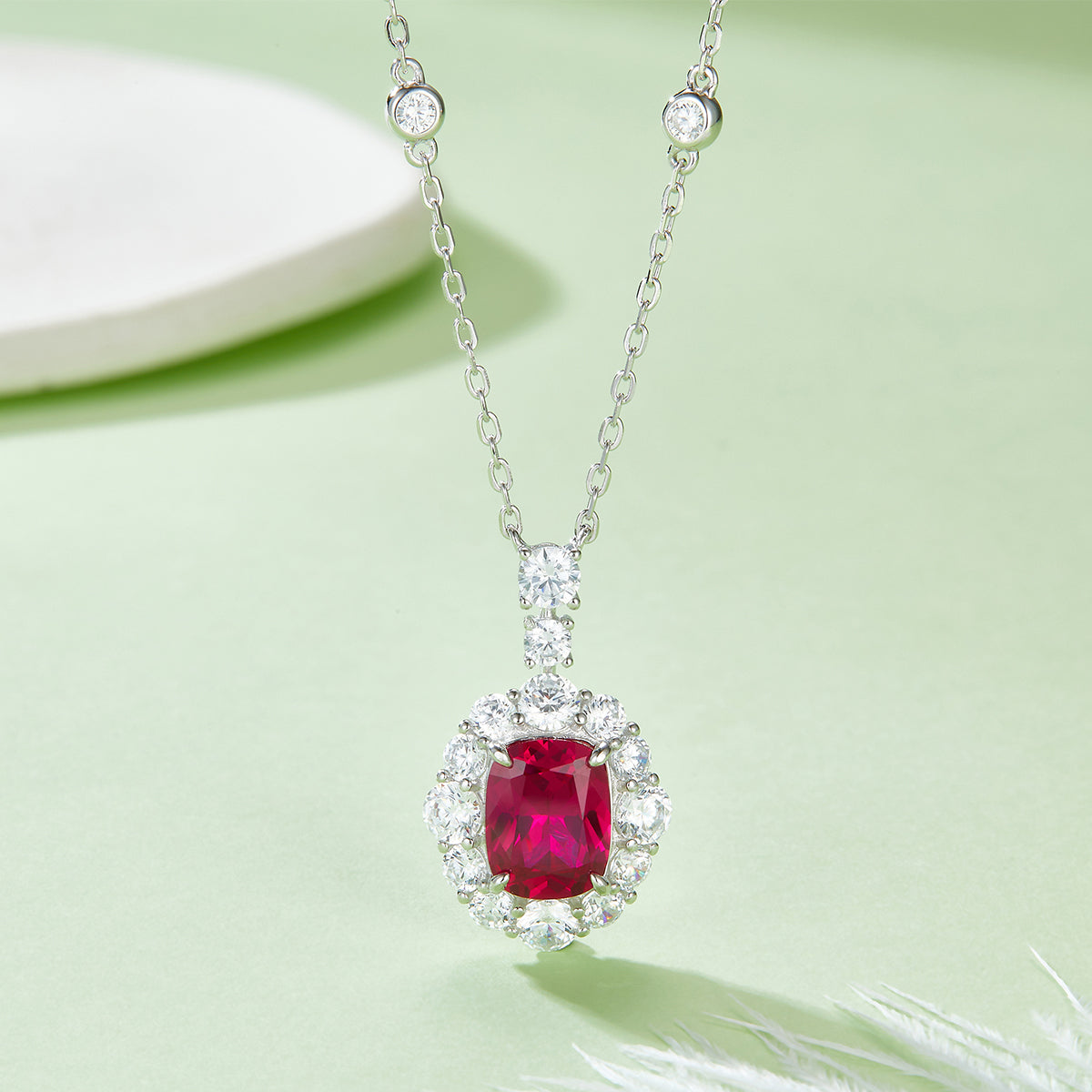 4.0 Carat Rectangular Lab-Created Ruby Oval Halo Necklace in S925 Silver Plated Platinum