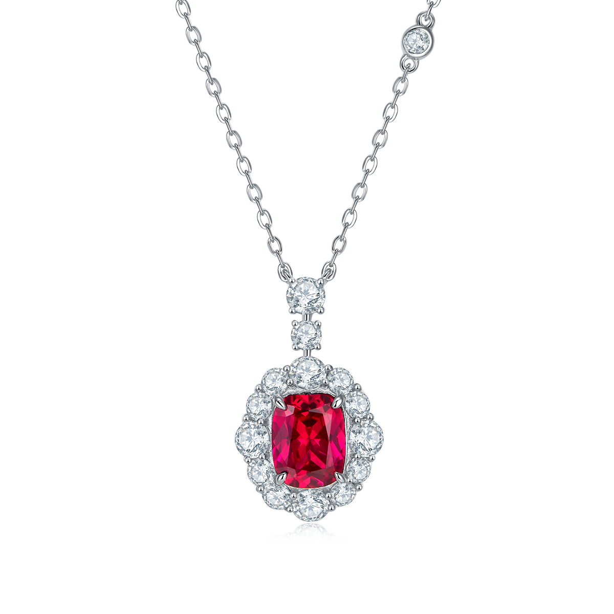 4.0 Carat Rectangular Lab-Created Ruby Oval Halo Necklace in S925 Silver Plated Platinum