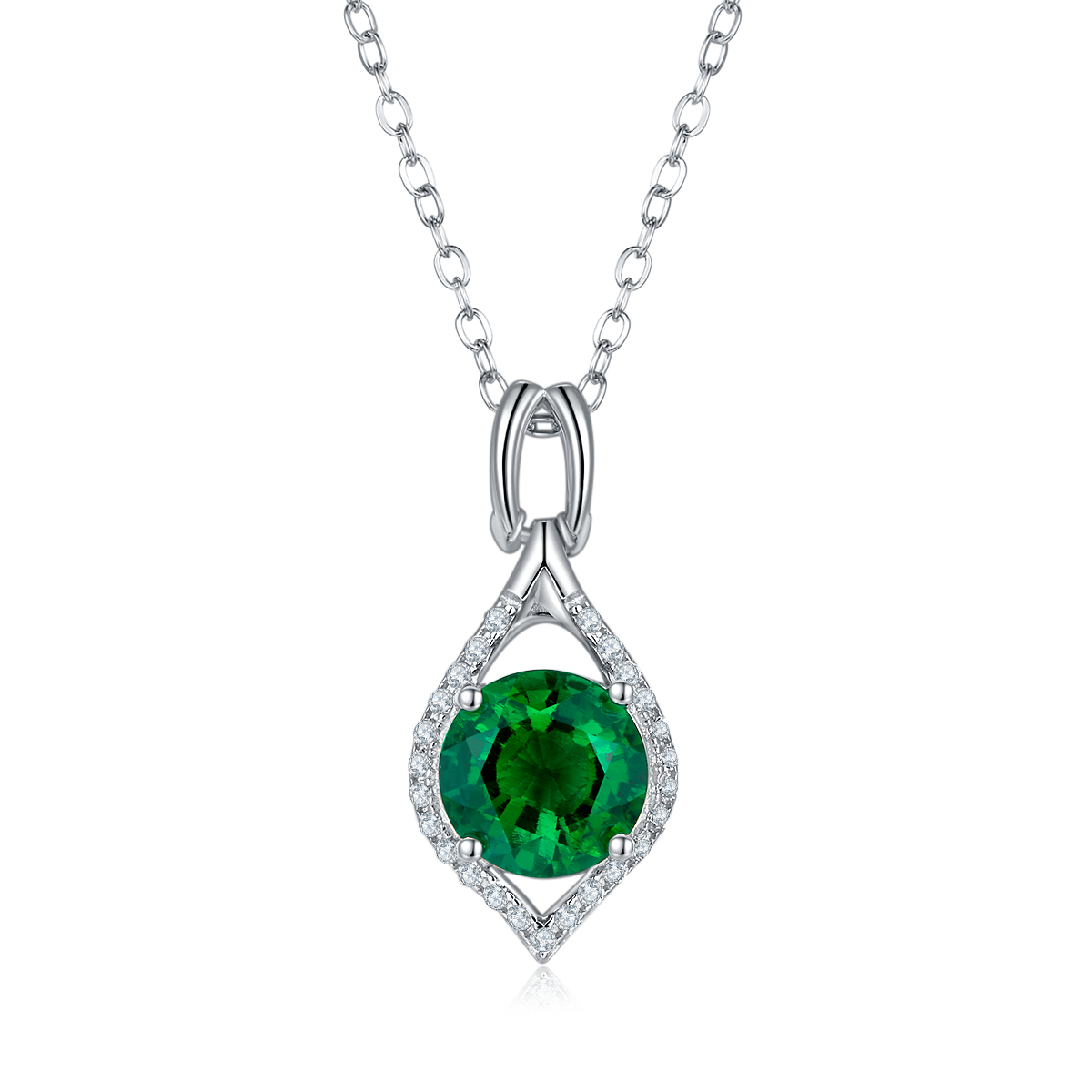 2.3 Carat Round Lab Grown Emerald Water Drop Halo Necklace in S925 Silver with Platinum Finish