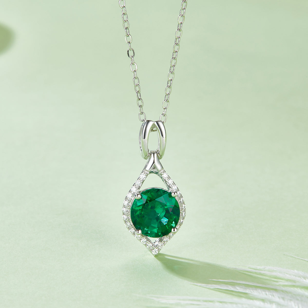 2.3 Carat Round Lab Grown Emerald Water Drop Halo Necklace in S925 Silver with Platinum Finish