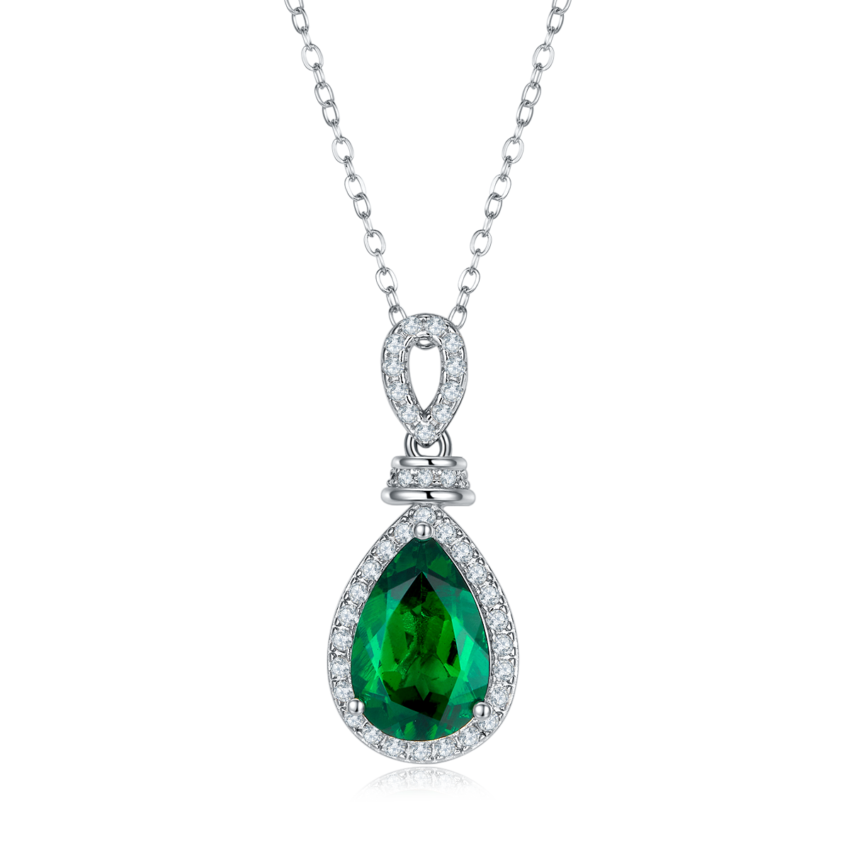 Gala Fireworks 4.0 Carat Pear Shaped Lab Created Emerald Halo Necklace in S925 Silver Plated Platinum