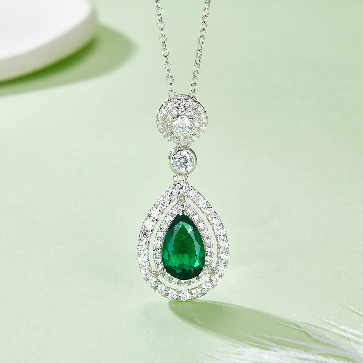 3.5 Carat Pear Shaped Lab-Created Emerald Double Halo Necklace in S925 Sterling Silver with Platinum Plating