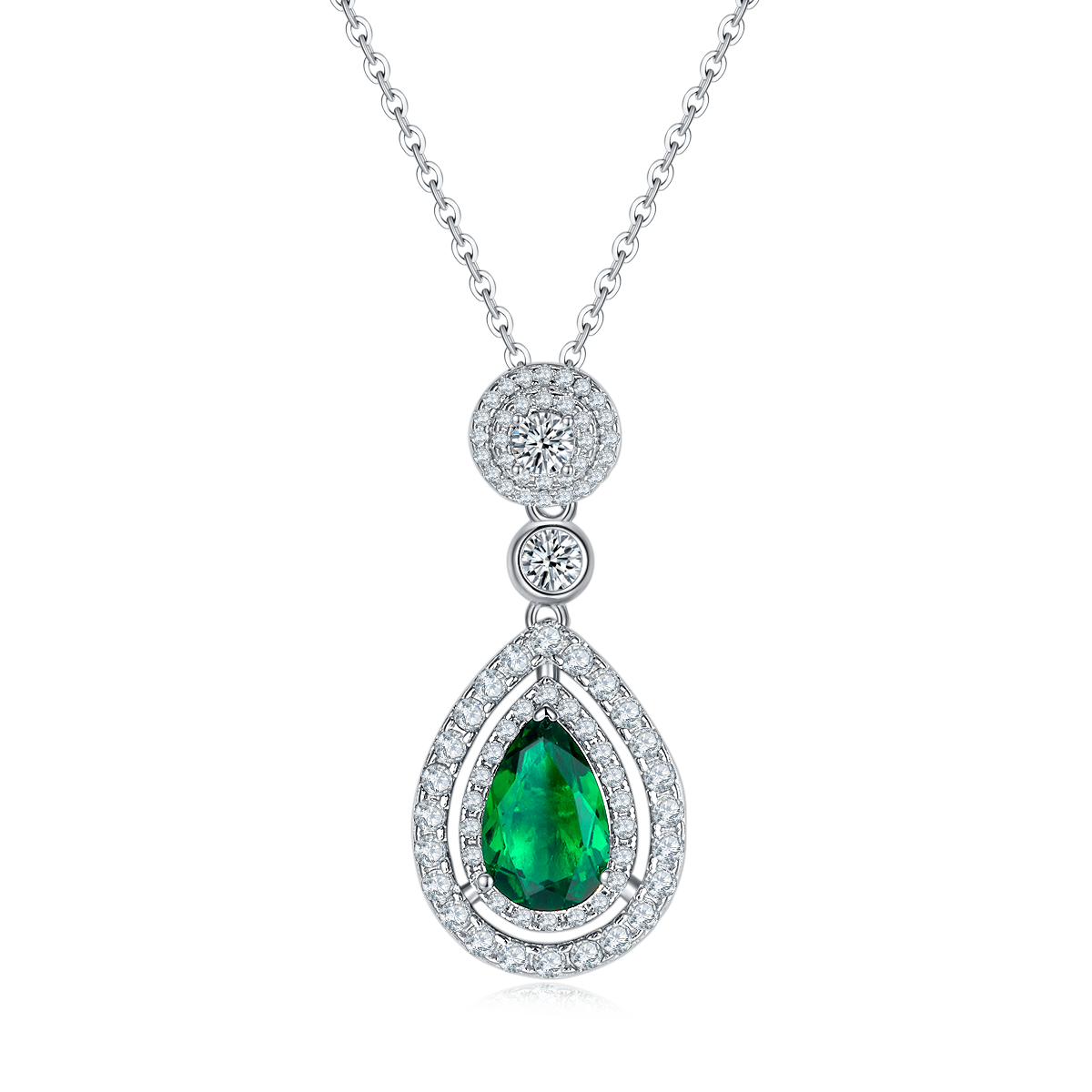 3.5 Carat Pear Shaped Lab-Created Emerald Double Halo Necklace in S925 Sterling Silver with Platinum Plating