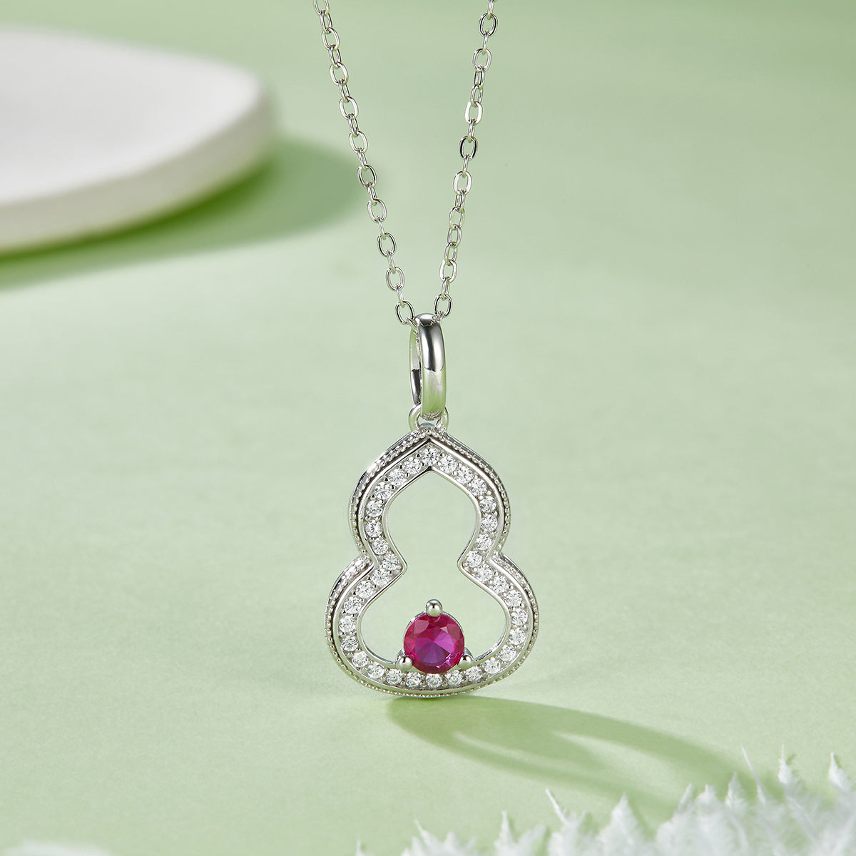 0.3 Carat Round Lab Created Colorful Gemstone Hollow Gourd S925 Silver Necklace with Platinum Finish