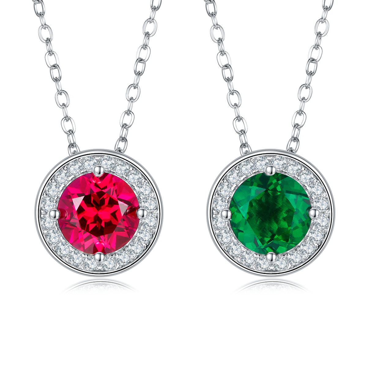 1.0 Carat Round Cultivated Colored Gemstone Halo Necklace in S925 Silver and Platinum Finish